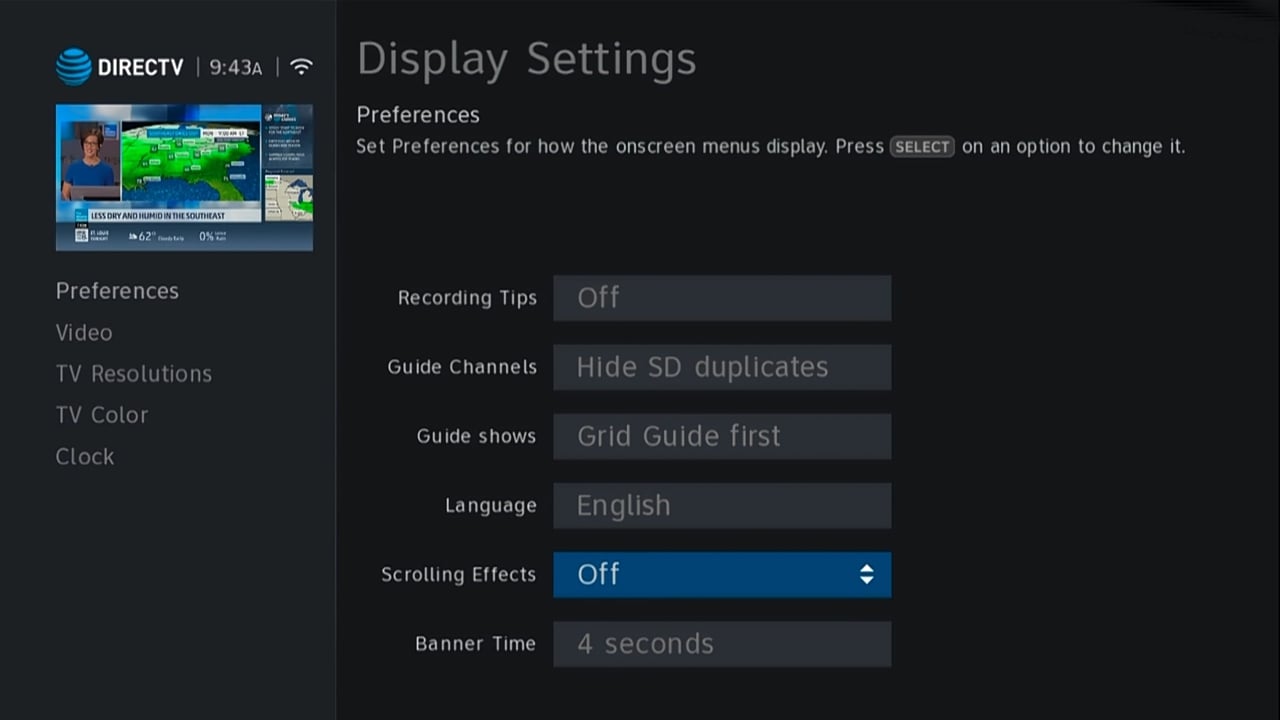 DIRECTTV - Nastavení zobrazení a rozlišení