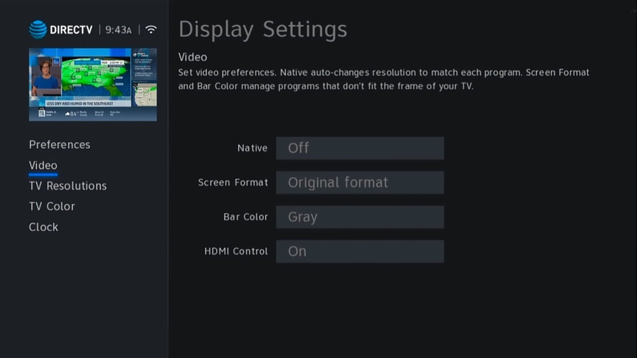 DIRECTTV - Nastavení zobrazení a rozlišení