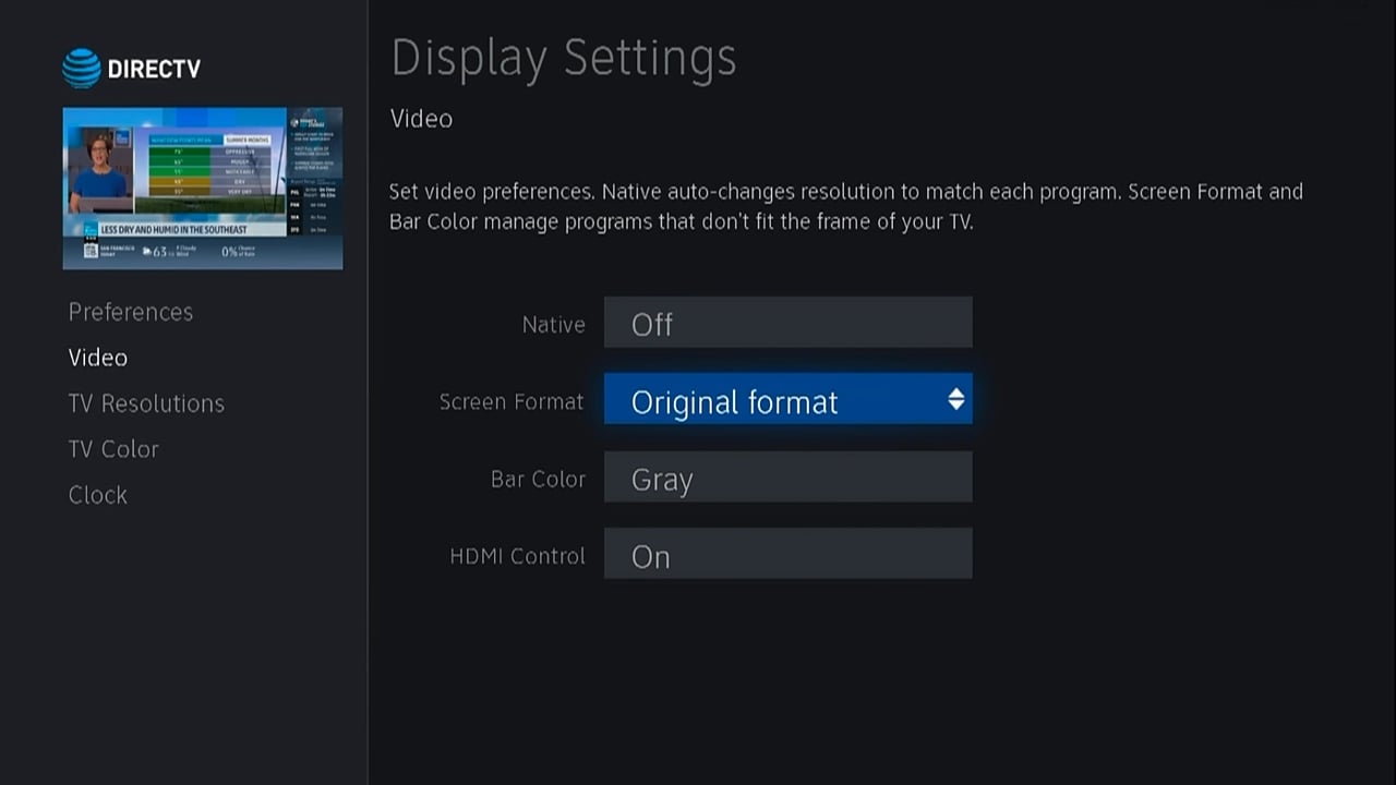DIRECTTV - Nastavení zobrazení a rozlišení