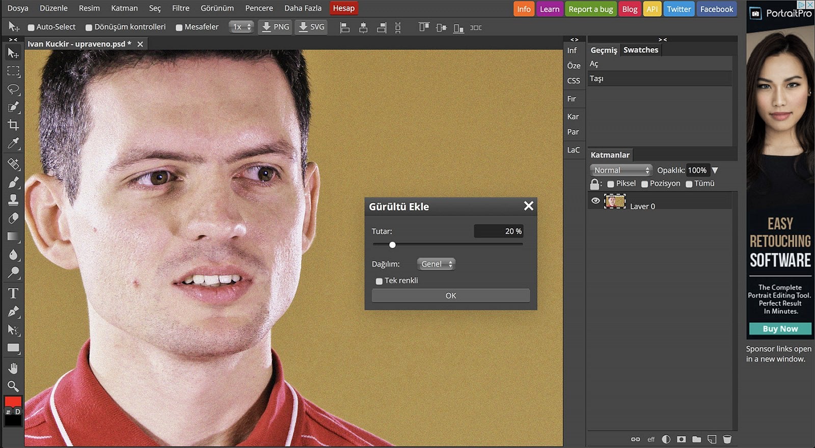 Pracovní prostředí programu Photopea. Pracovat můžete ve 26 jazycích. Překlady zajišťují fanoušci programu.