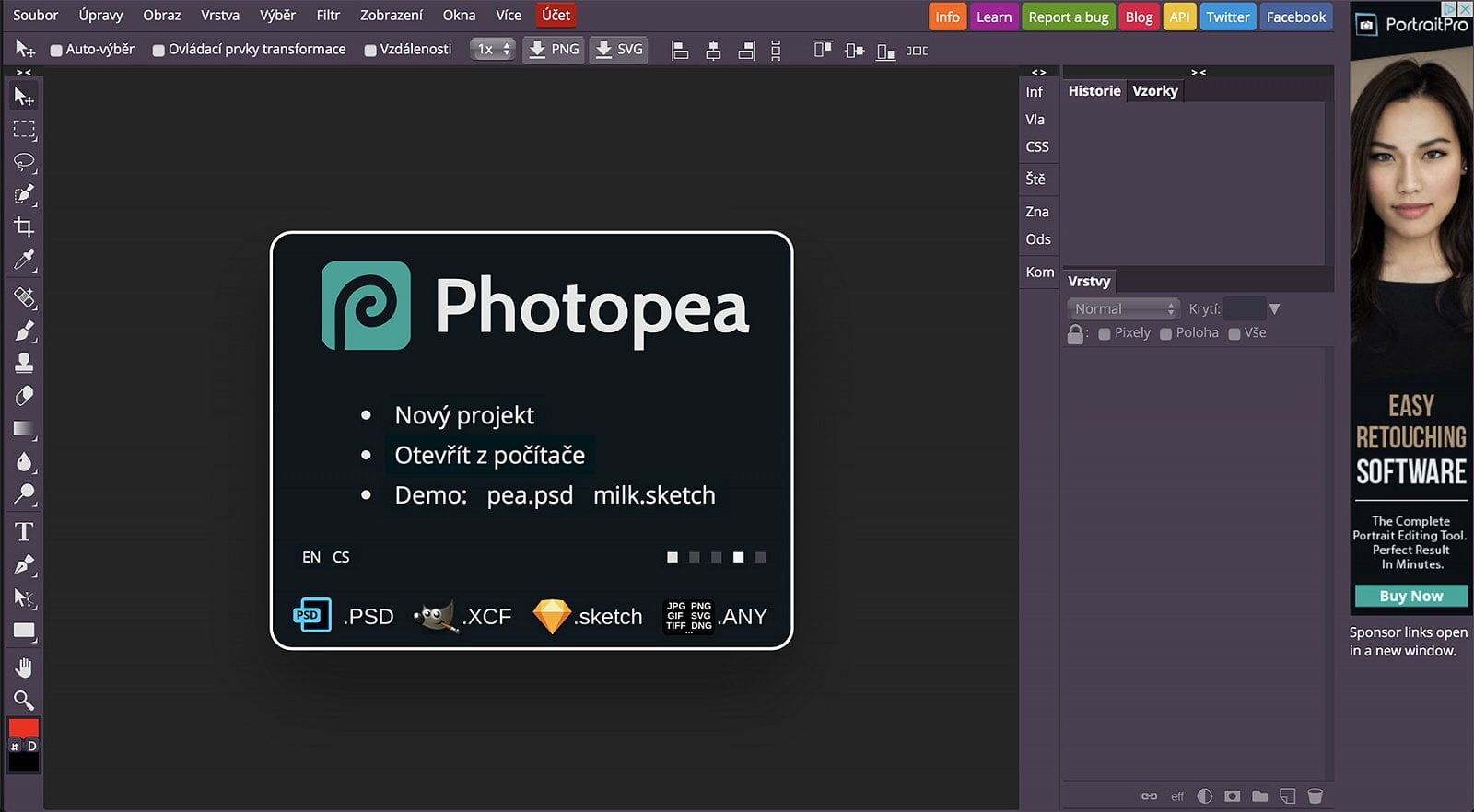 Úvodní obrazovka programu Photopea.