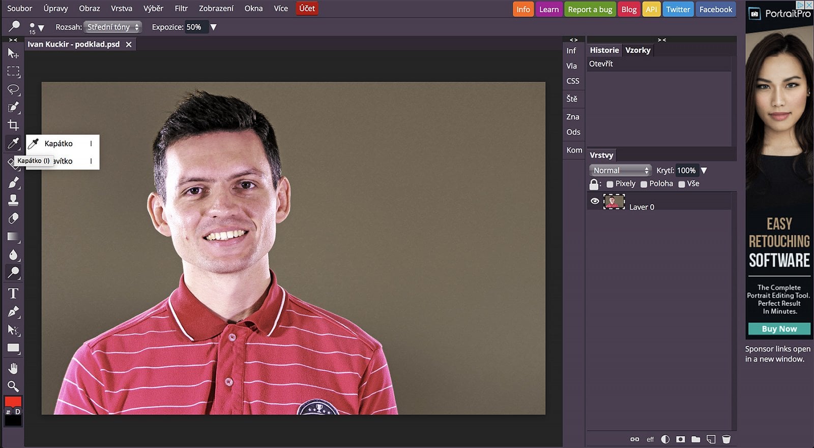 Pracovní prostředí programu Photopea. Pracovat můžete ve 26 jazycích. Překlady zajišťují fanoušci programu.