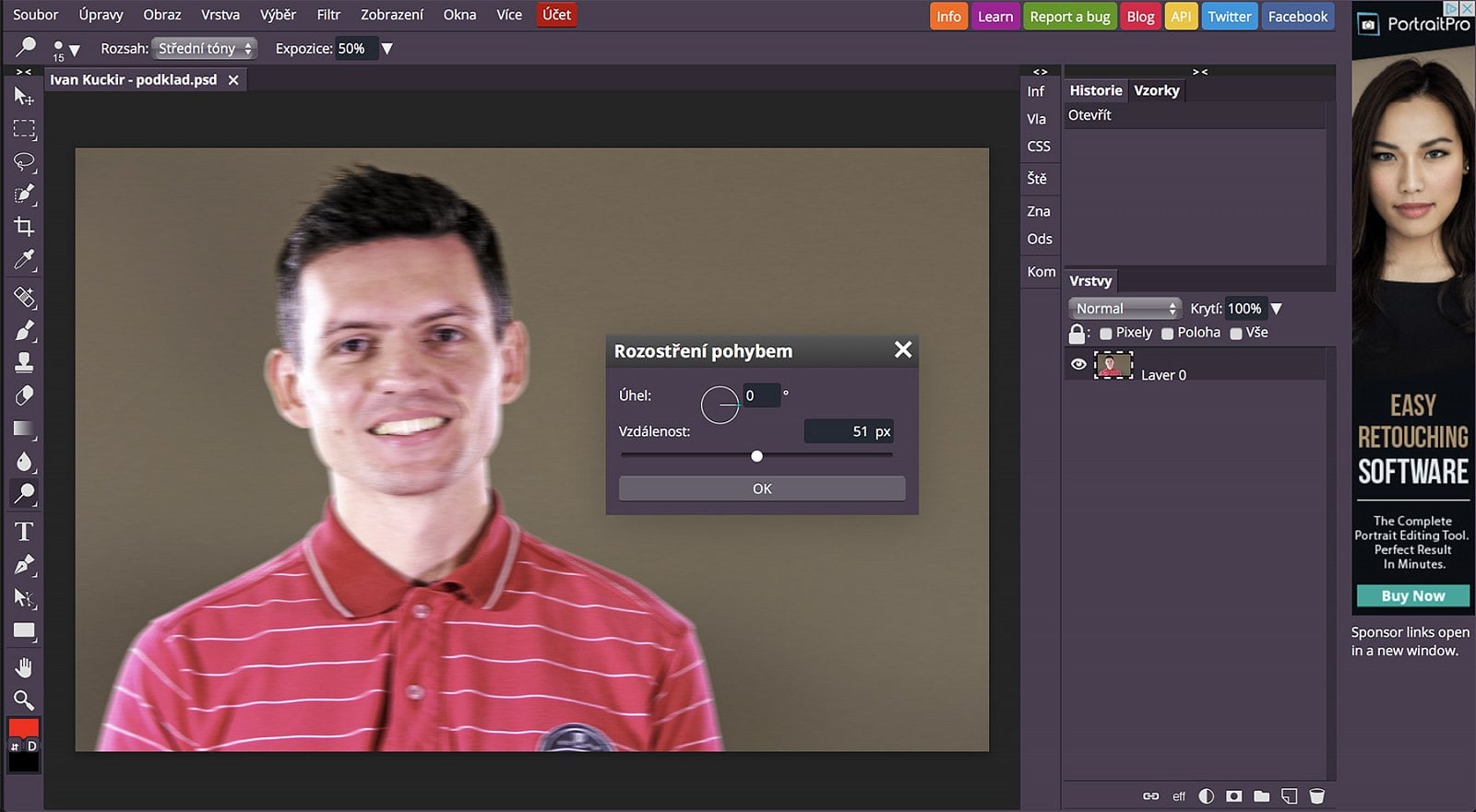 Pracovní prostředí programu Photopea. Program nabízí všechny funkce, které můžete znát třeba z GIMPu nebo Photoshopu.