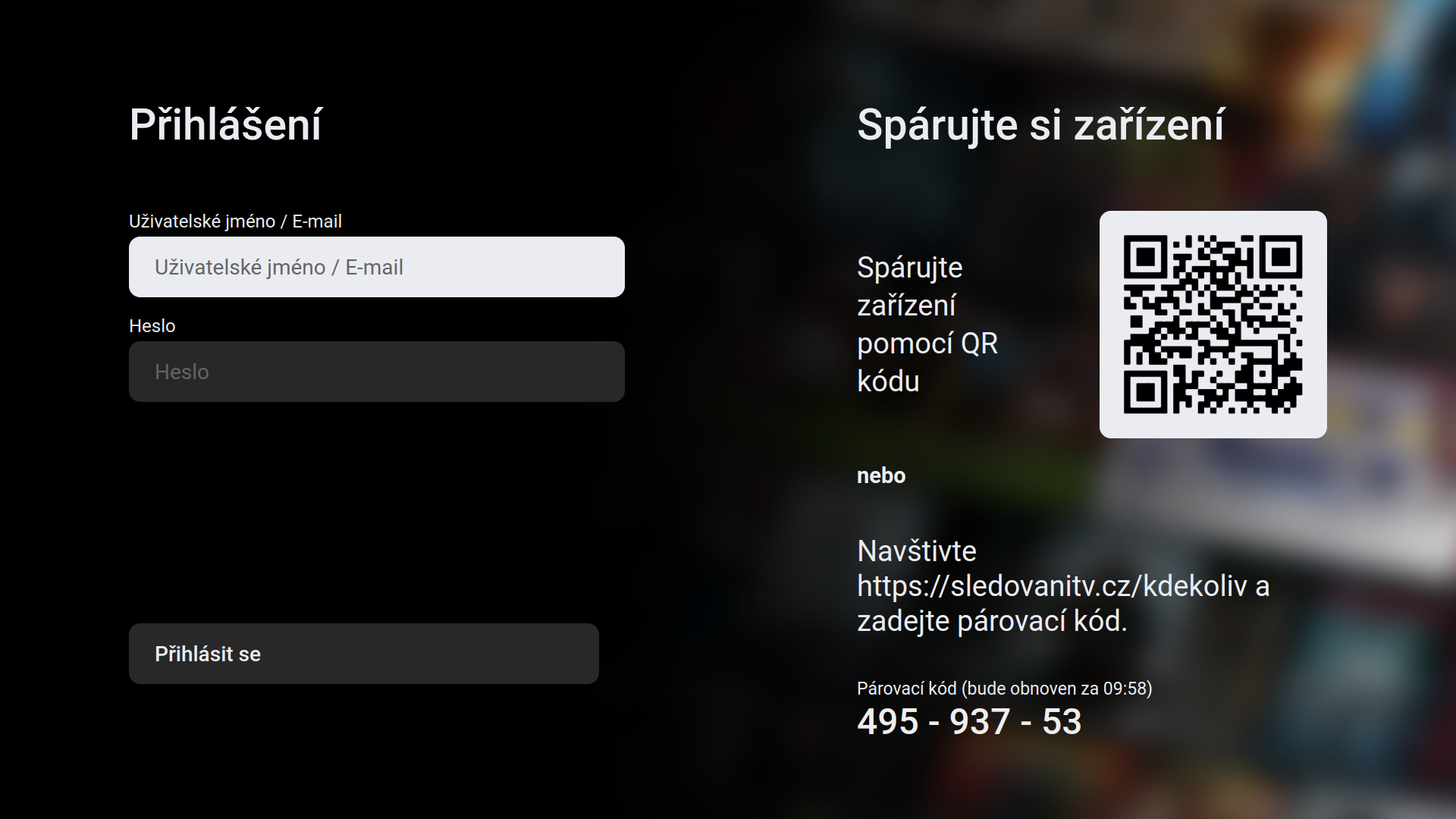 Párovací obrazovka SledováníTV