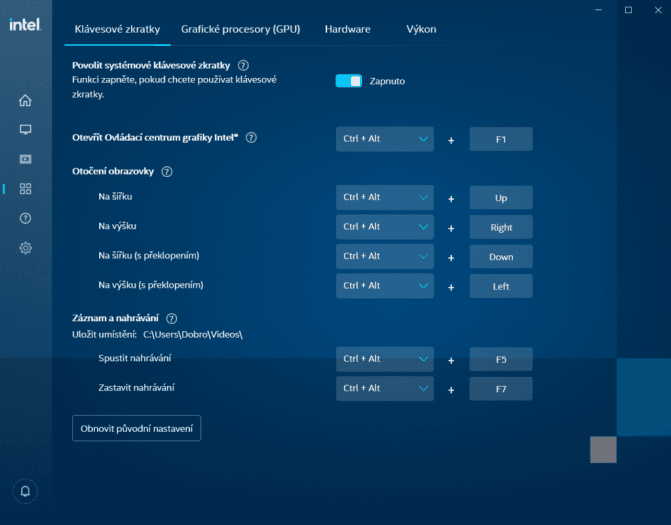 Nastavení zkratek v ovládacím centru Intel grafiky