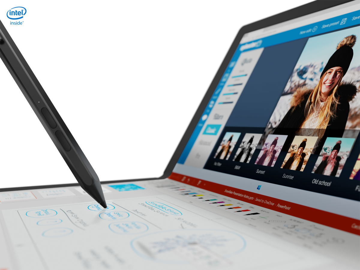...nebo jako malý notebook, na který se dá psát dotykovým perem, na virtuální klávesnici nebo na klávesnici fyzické, která se dá přes tu virtuální nasadit.