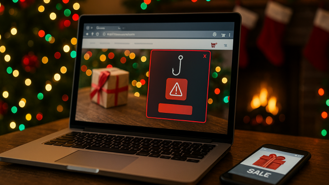 Phishing při vánočních nákupech: notebook s podezřelým vyskakovacím oknem, mobil s ‘výhodnou nabídkou’, vánoční stromek v pozadí.