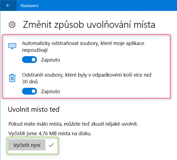 Lze si vybrat, které oblasti budou do automatického čištění zahrnuty. Provést můžete i jednorázové vyčištění nepotřebných souborů