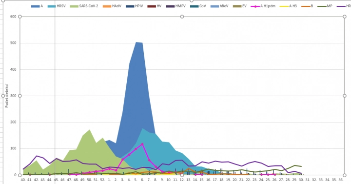 Graf ukazuje letošní výskyt různých infekci, mykoplazmata jsou zelená linka - MP. A znamená chřipku typu A, RSV je RS virus, způsobující respirační onemocnění.