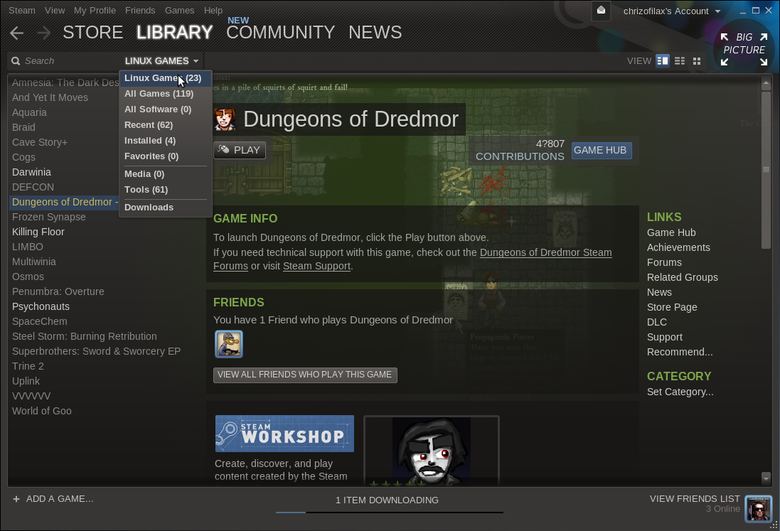 V seznamu zakoupených her můžete vyfiltrovat jen ty Linuxové. Je jich už pěkná řádka. Ne všechny jdou však nainstalovat bez problémů.
