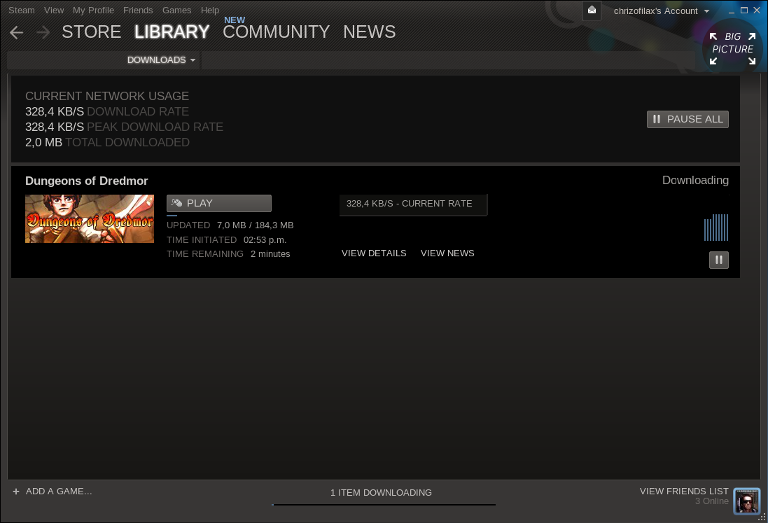 Stahování hry Dungeons of Dreadmor, která byla na Steamu aktivována skrze akci Humble Bundle.
