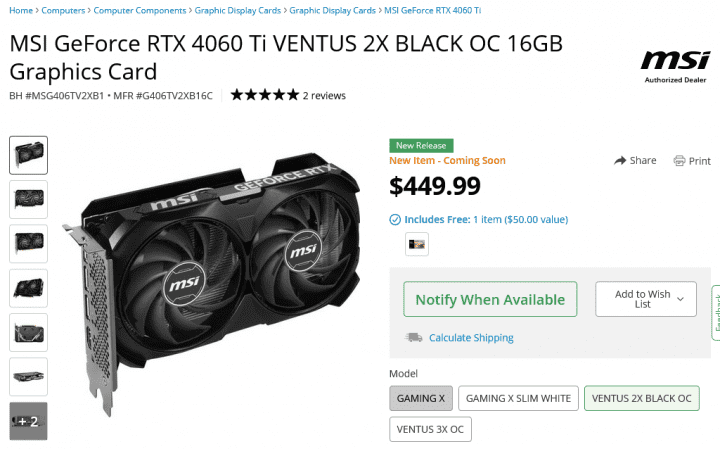 MSI GeForce RTX 4060 Ti Ventus 2X Black OC 16GB v obchodě Newegg