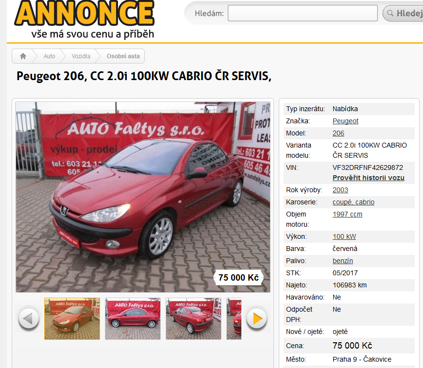 Peugeot 206, server Annonce.cz, Auto Faltys, kilometry v pořádku