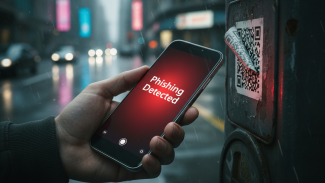 Detailní záběr na ruku se smartphonem, který v noci skenuje podezřelou nálepku s QR kódem na parkovacím automatu; displej telefonu svítí červeným varovným světlem, což v rozostřeném městském prostředí navozuje atmosféru kybernetické hrozby.