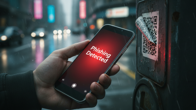 Detailní záběr na ruku se smartphonem, který v noci skenuje podezřelou nálepku s QR kódem na parkovacím automatu; displej telefonu svítí červeným varovným světlem, což v rozostřeném městském prostředí navozuje atmosféru kybernetické hrozby.