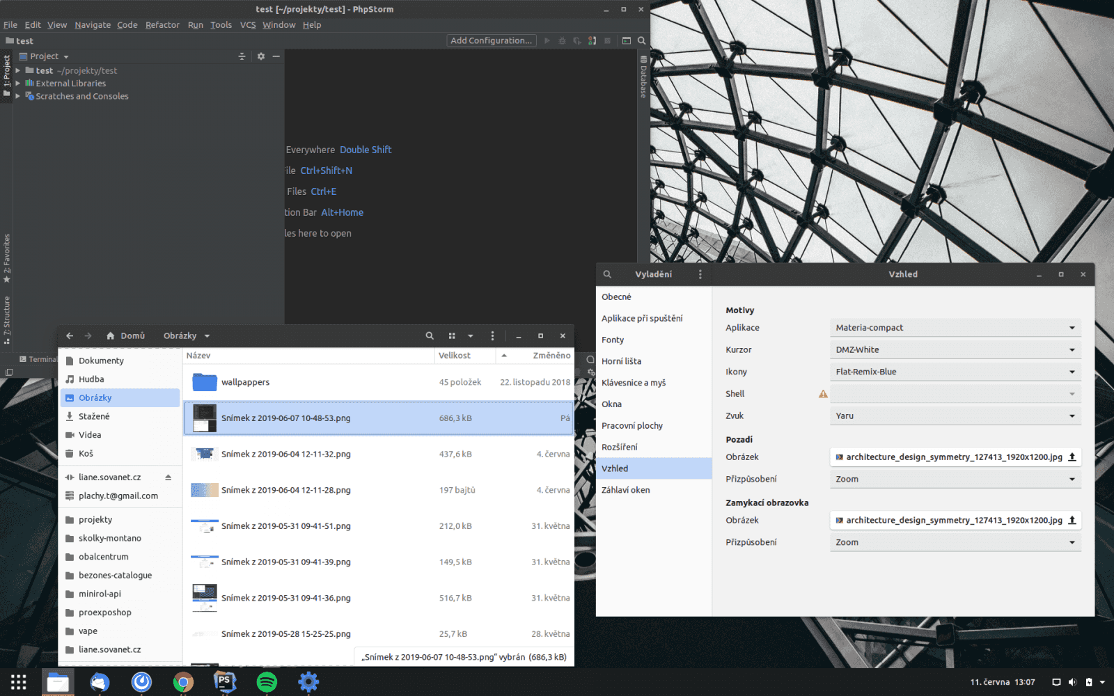 Ubuntu 19.04 Ikony Flat-Remix-Blue, Styl Materia, PhpStorm styl Darcula