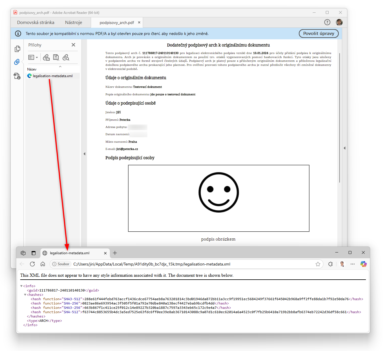 podpisový arch s vloženými otisky dokumentu, ke kterému se vztahuje