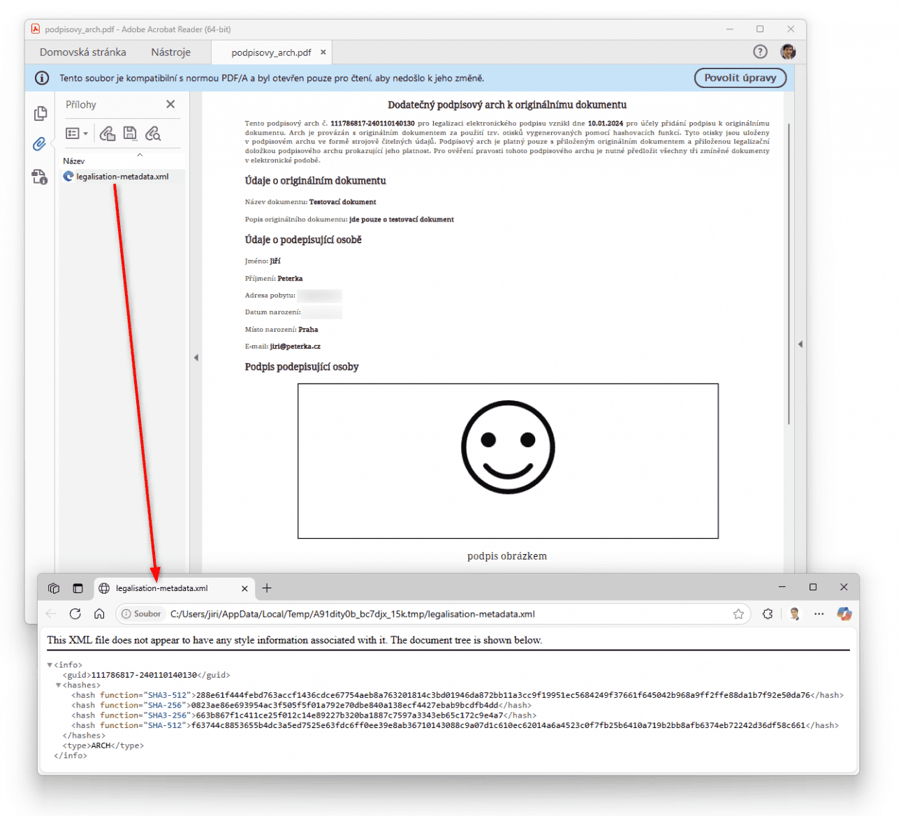 podpisový arch s vloženými otisky dokumentu, ke kterému se vztahuje