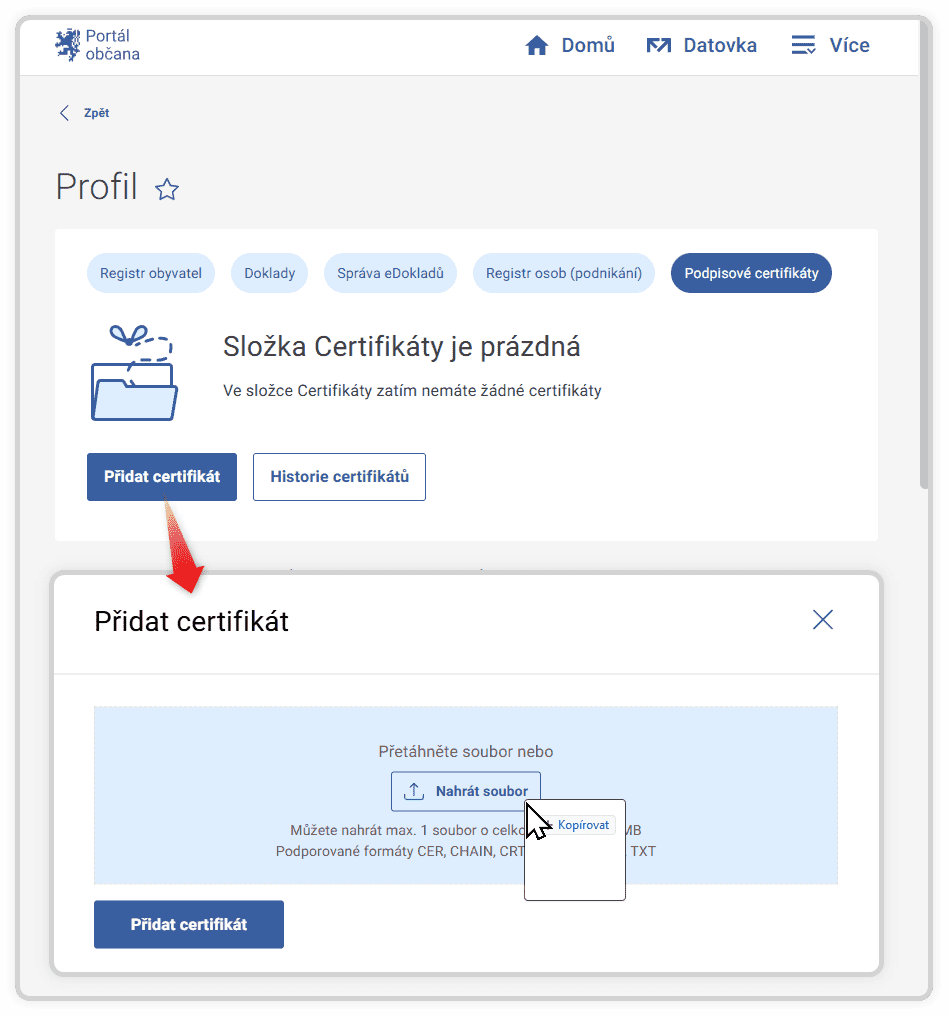 vkládání certifikátu do účtu v ROB-u