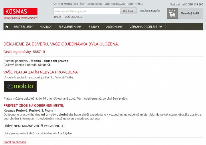 Platba na Kosmas.cz prostřednictvím platebního systému Mobito.