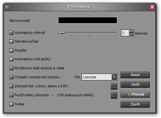 Uživatelské volby pro nastavení prezentace.