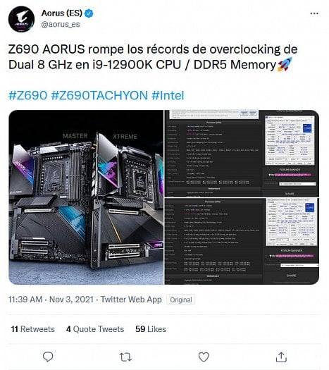 Aorus se na Twitteru chlubí rekordním přetaktováním Alder Lake