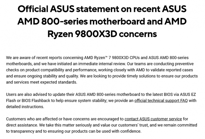 Official Asus statement on recent Asus AMD 800-series motherboard and AMD Ryzen 9800X3D concerns