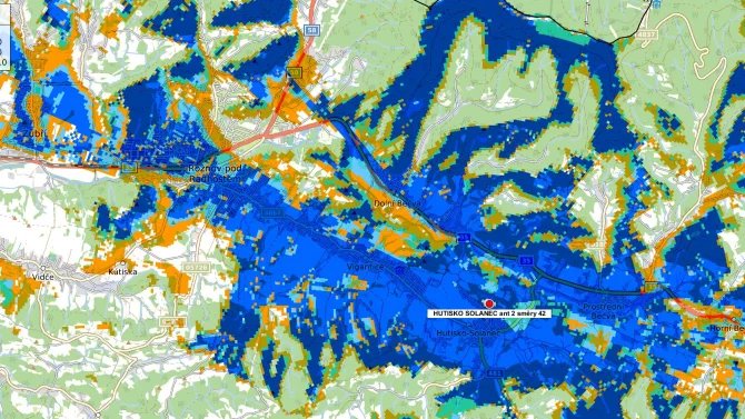 Pokrytí vysílače Hutisko-Solanec