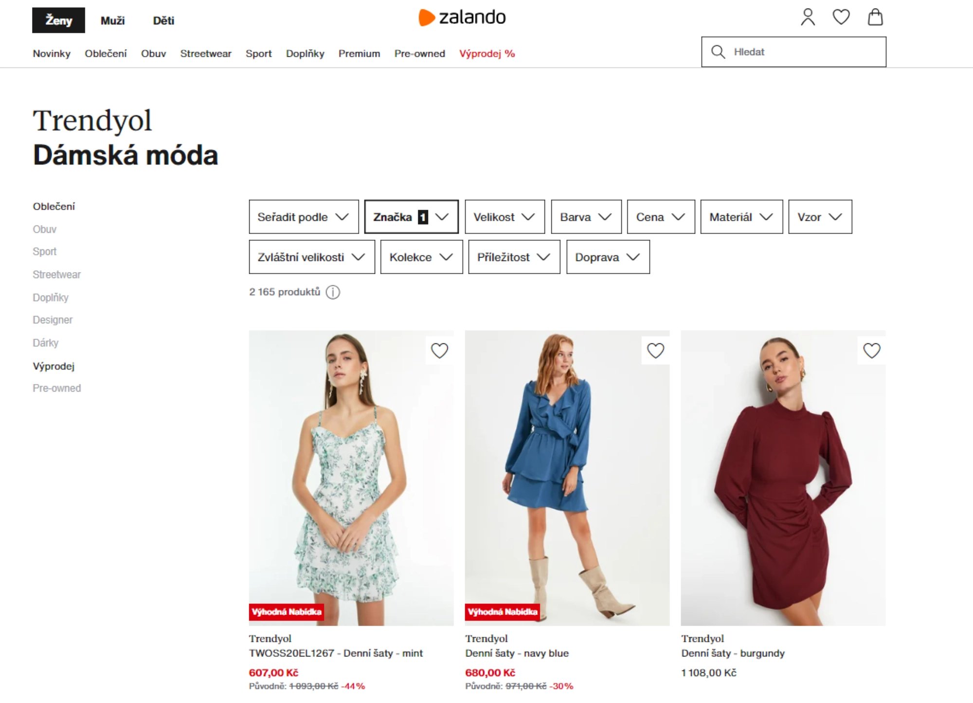 Ukázka nabídky e-shopu Zalando