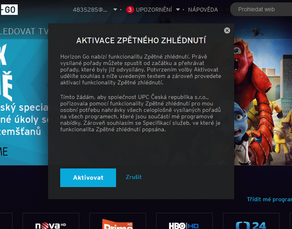 UPC Horizon Go, web - zpětné zhlédnutí 7 dní