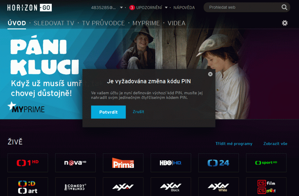 UPC Horizon Go, web - zpětné zhlédnutí 7 dní