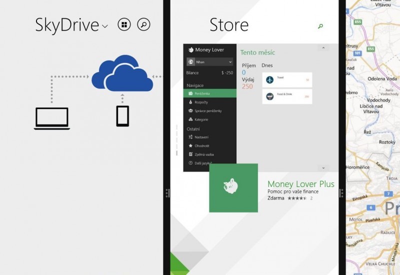 Aplikace OneDrive (dříve SkyDrive), Pošta a Zprávy přichycené po stranách obrazovky v operačním systému Windows 8.1