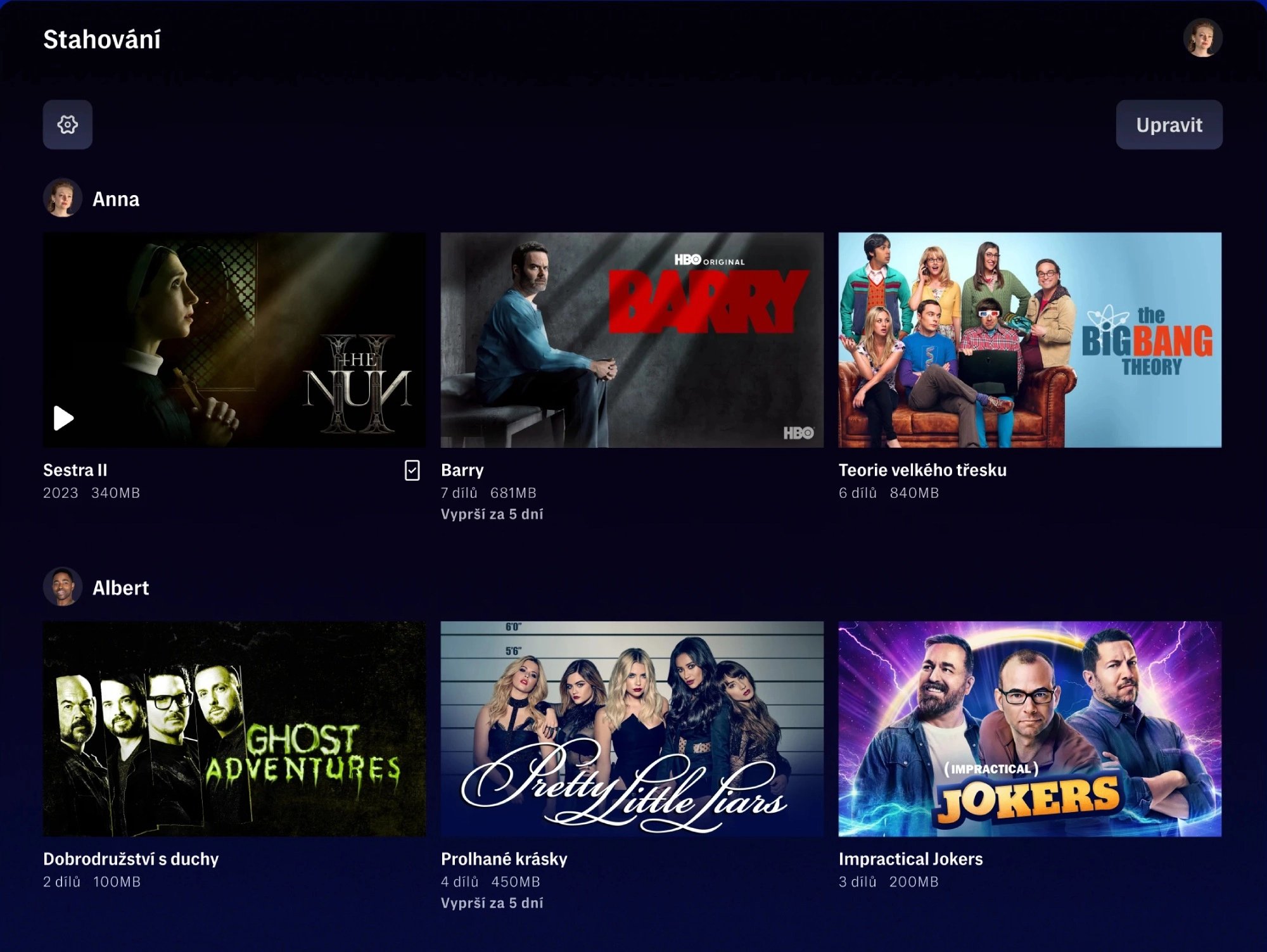 Sekce s obsahem uloženým k pozdějšímu sledování bez internetového připojení