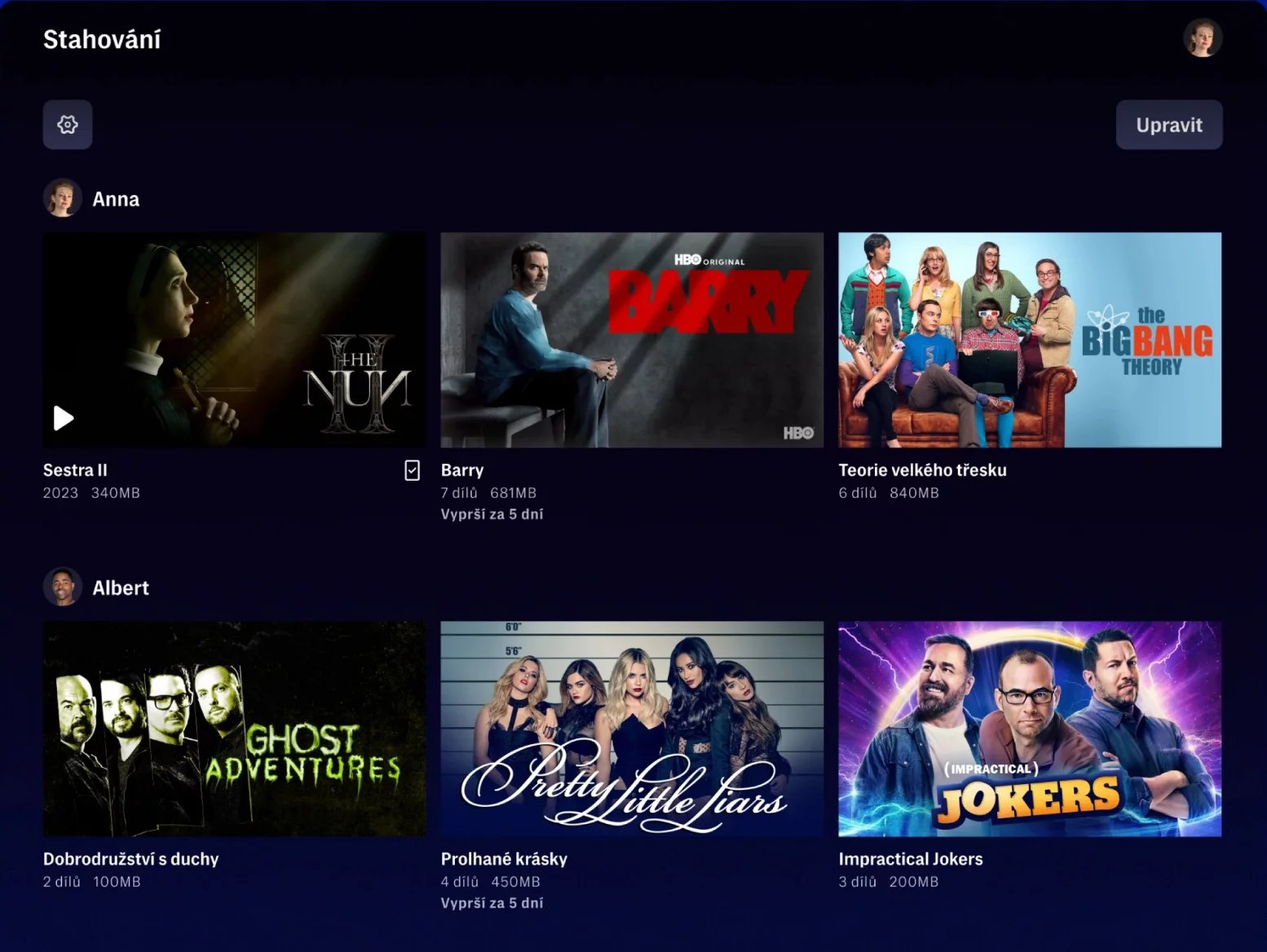 Sekce s obsahem uloženým k pozdějšímu sledování bez internetového připojení