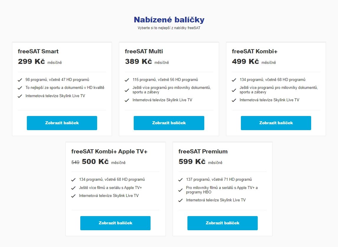 Základní tarifní nabídka freeSAT