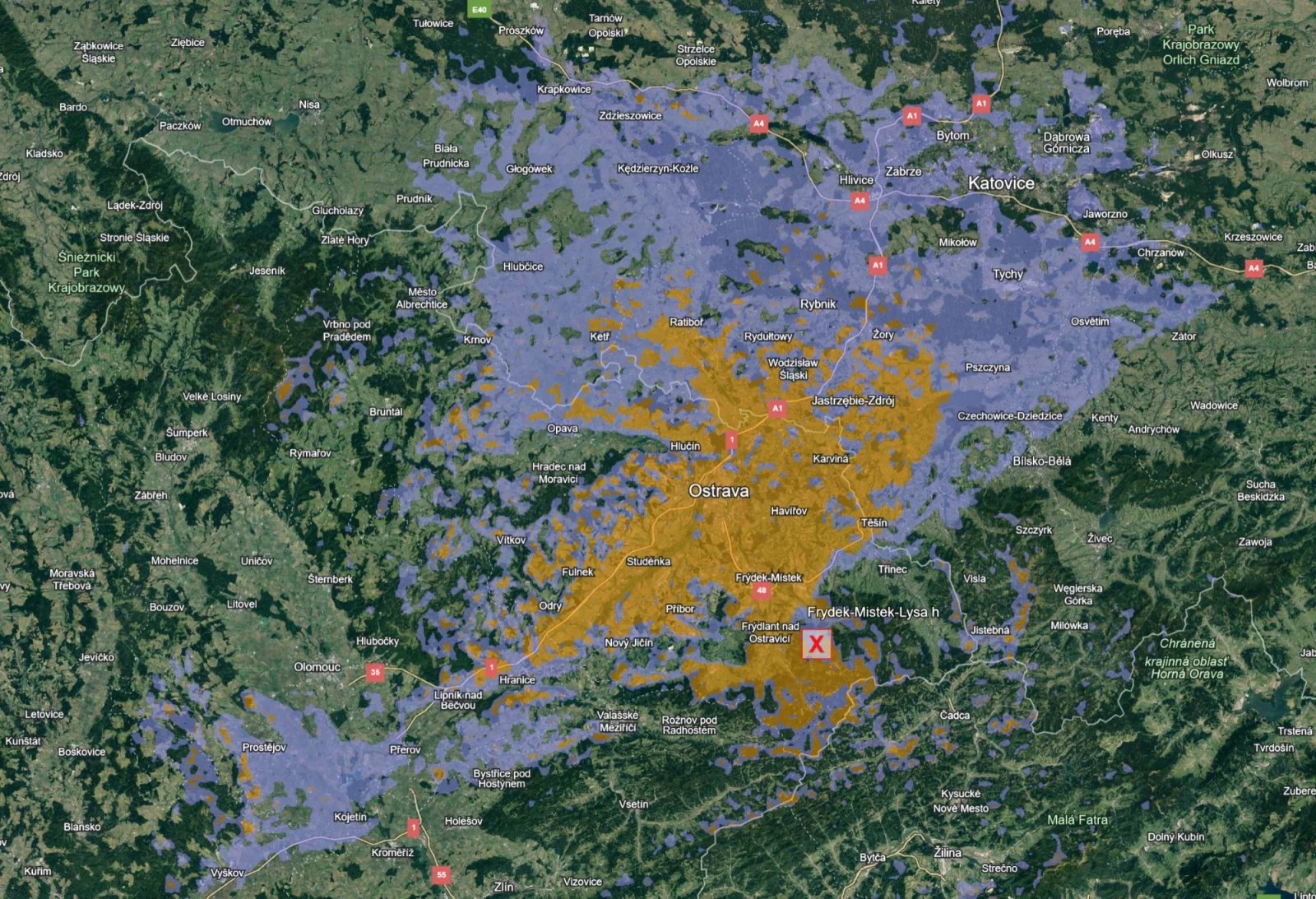 Pokrytí multiplexu Teleko z vysílače na Lysé hoře. Zaručený indoor příjem (oranžová barva) a outdoor příjem (tzv. 50% indoor, modrá barva).
