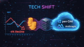 Vizualizace poklesu akcií Microsoftu navzdory rekordním ziskům, s důrazem na závislost na AI partnerech (OpenAI, Anthropic) a investice do cloudové infrastruktury Azure.