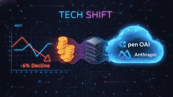 Vizualizace poklesu akcií Microsoftu navzdory rekordním ziskům, s důrazem na závislost na AI partnerech (OpenAI, Anthropic) a investice do cloudové infrastruktury Azure.