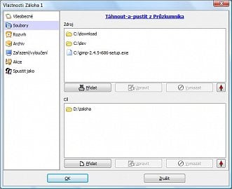 <p>Nahoře jsou zobrazeny uživatelem vybrané soubory, určené k zálohování. Ve spodní části je cíl zálohy. Lze ukládat na jiný pevný disk, na externí disk, na jiný počítač v síti nebo na server FTP</p>