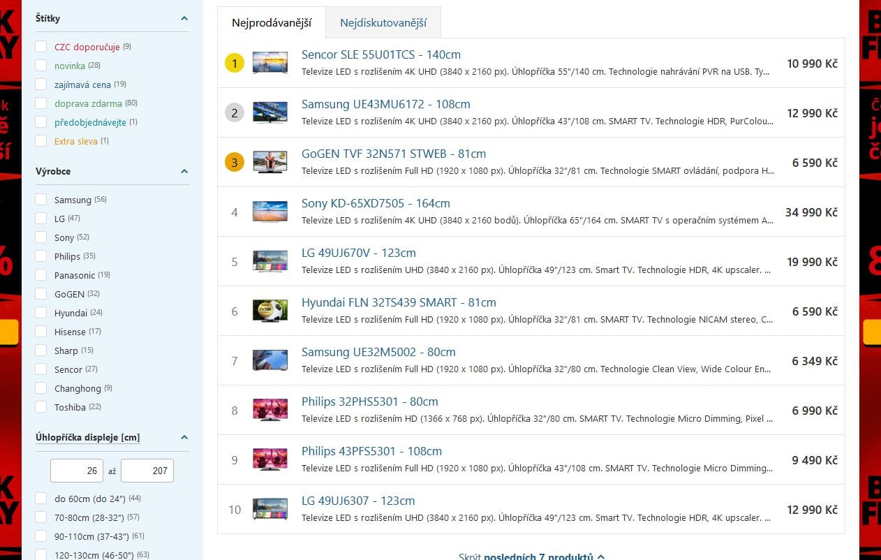 TOP 10 nejprodávanějších televizorů, 19. listopad 2017