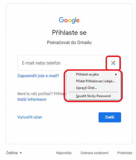 Možnosti přihlášení skrze Sticky Password