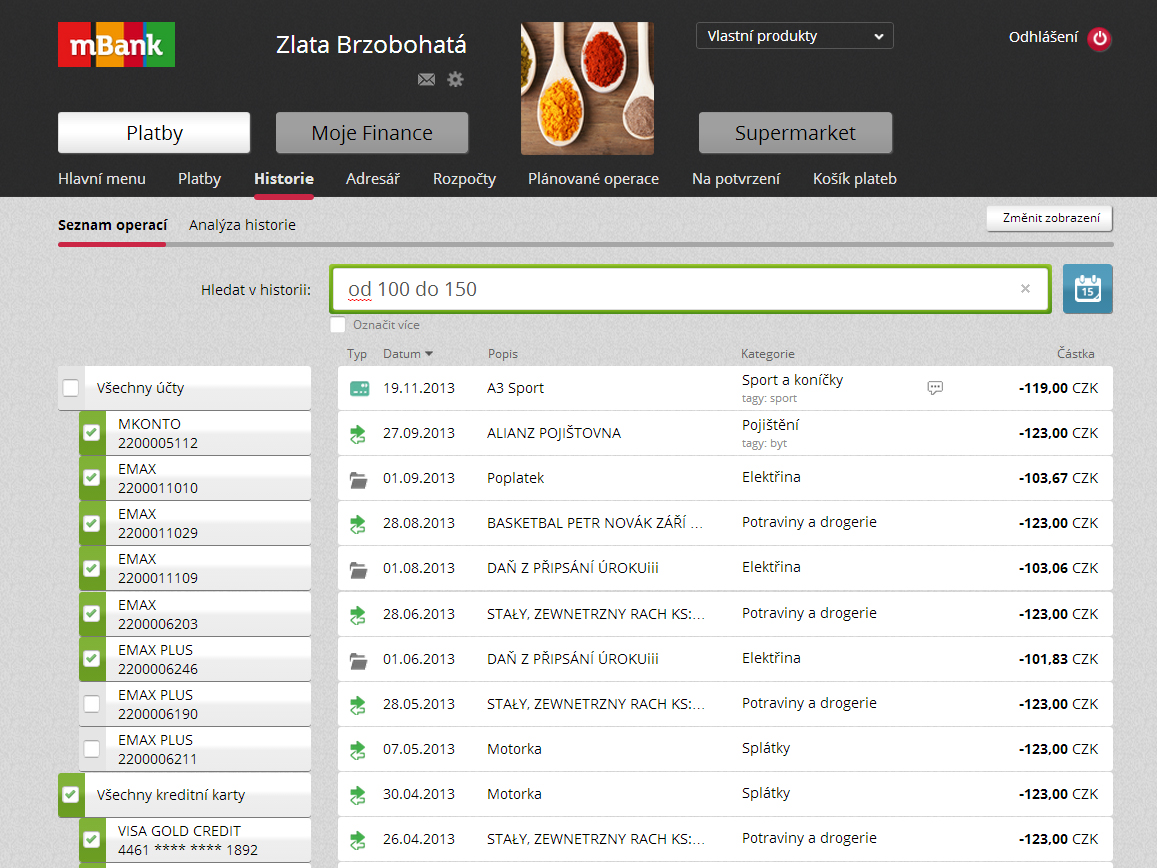 Vyhledávání podle částky. Zobrazí pouze transakce ve vybraném pásmu.
