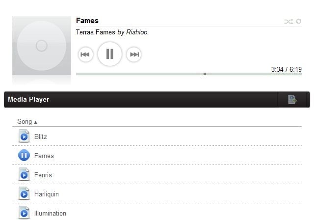 <p>Přehrávač Media Player a část playlistu. Media Player je zajímavým řešením pro přehrávání sdílené hudby</p>