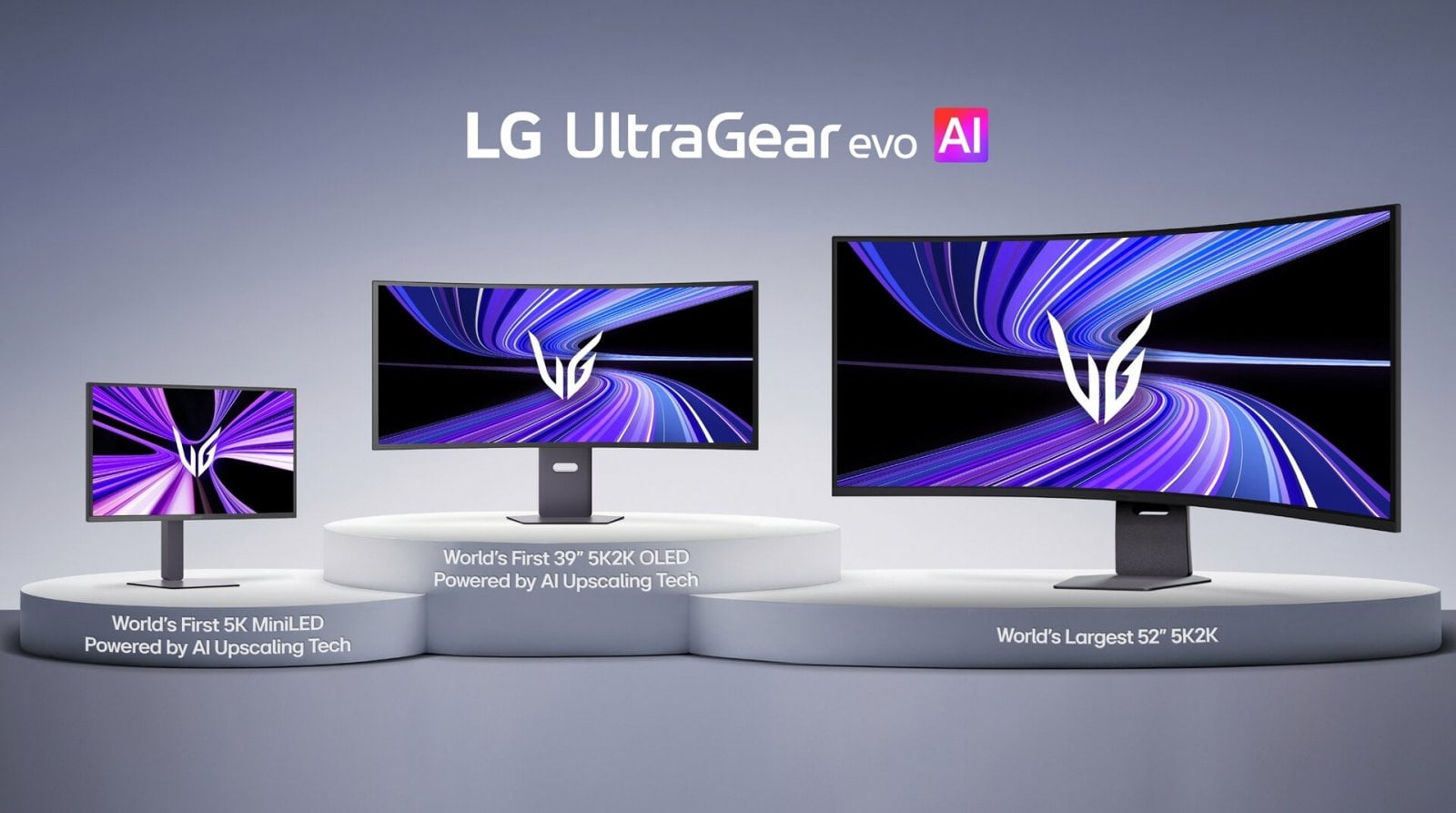 5K monitory LG UltraGear Evo. 52palcová verze vpravo AI upscaling nemá