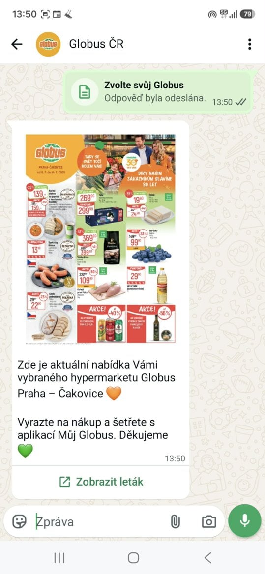 Globus vám pošle leták přímo do WhatsAppu