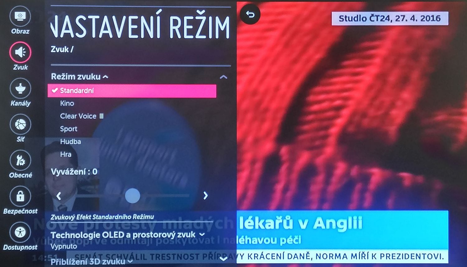 LG Signature OLED - menu nastavení