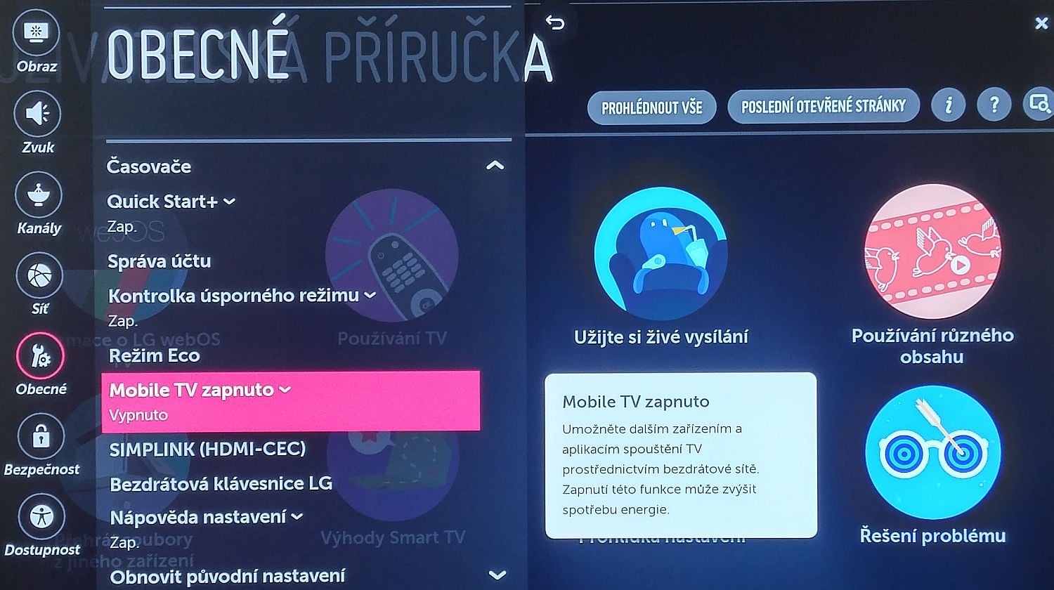 LG Signature OLED - menu nastavení