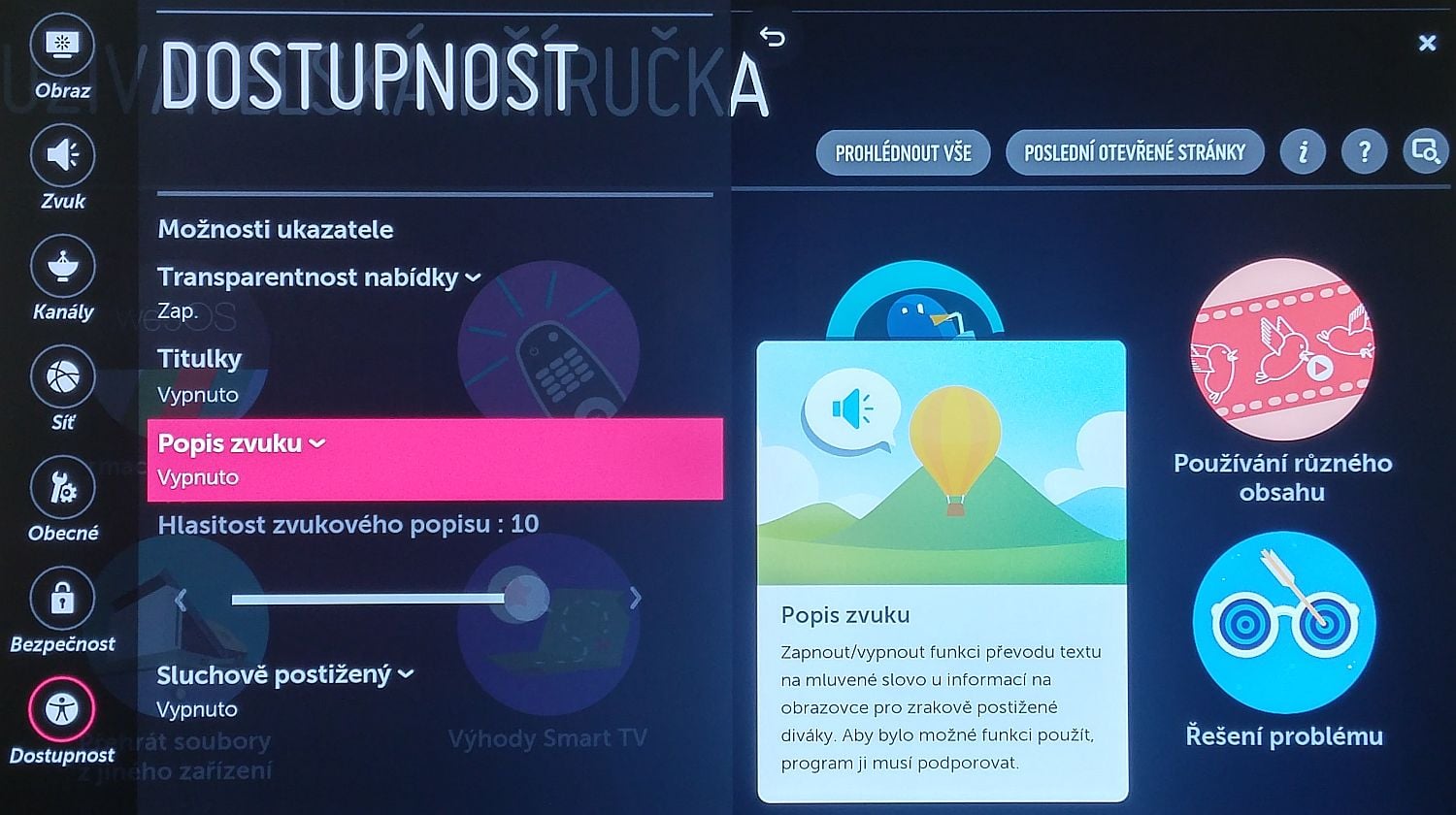 LG Signature OLED - menu nastavení