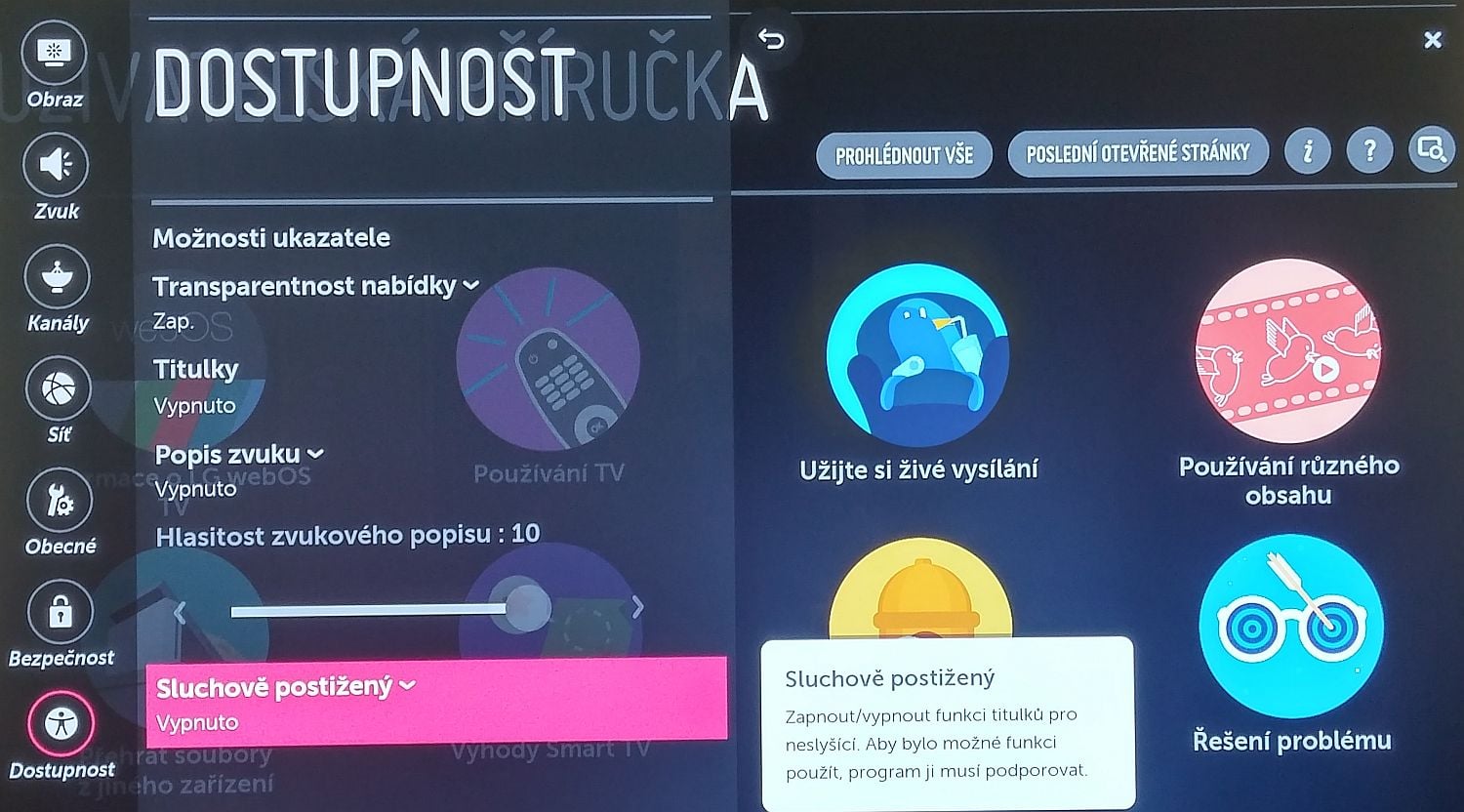 LG Signature OLED - menu nastavení