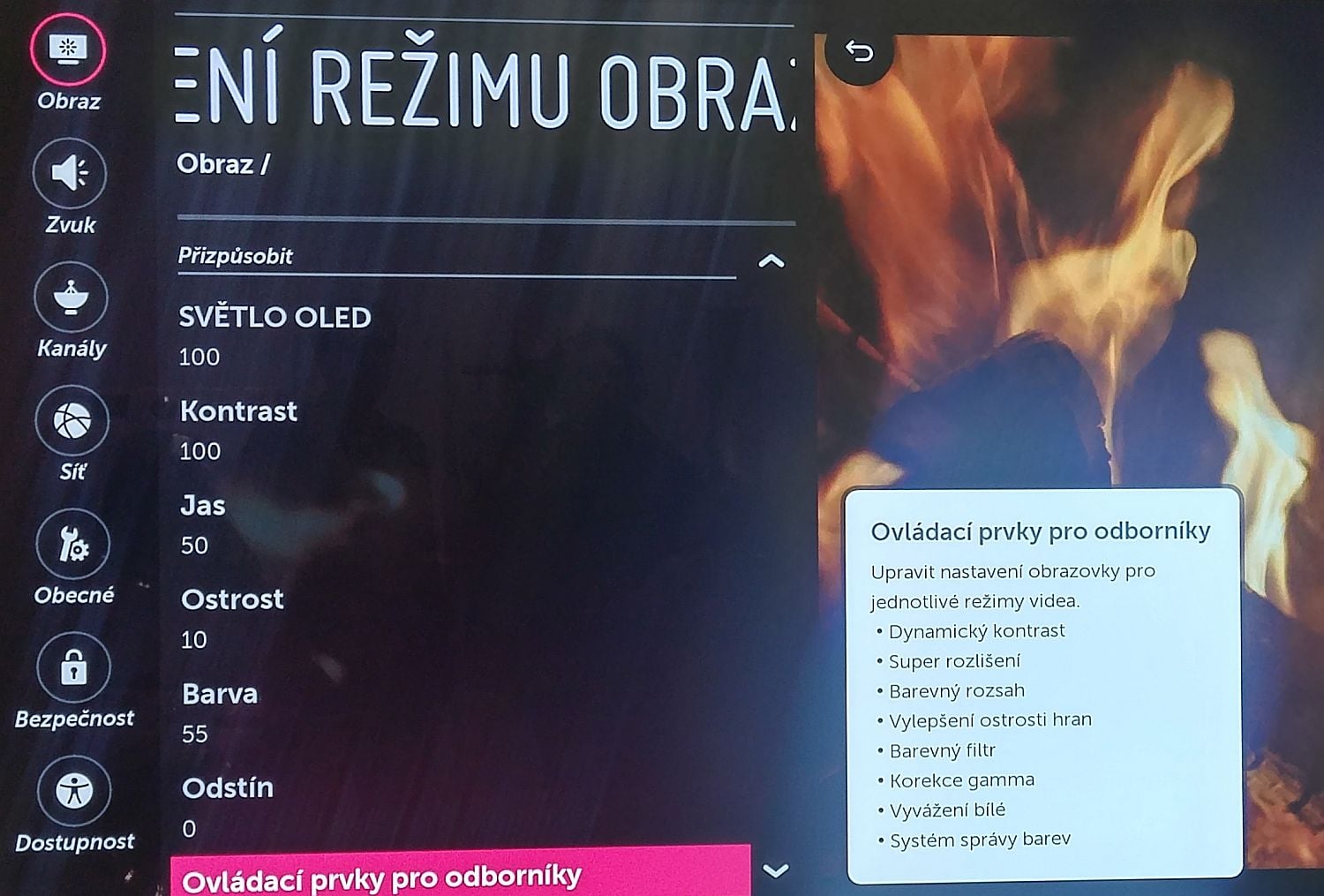 LG Signature OLED - menu nastavení